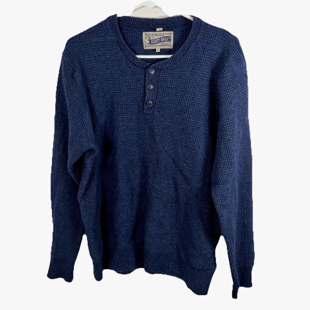 Schott Bros Thermal Henley Sweater Waffle Knit Men L Navy Blue Wool Blend Cabin